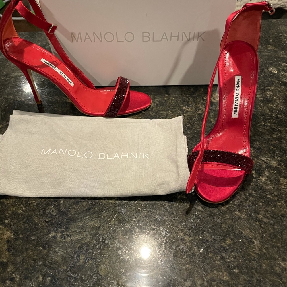 Manolo Blahnik red satin heels